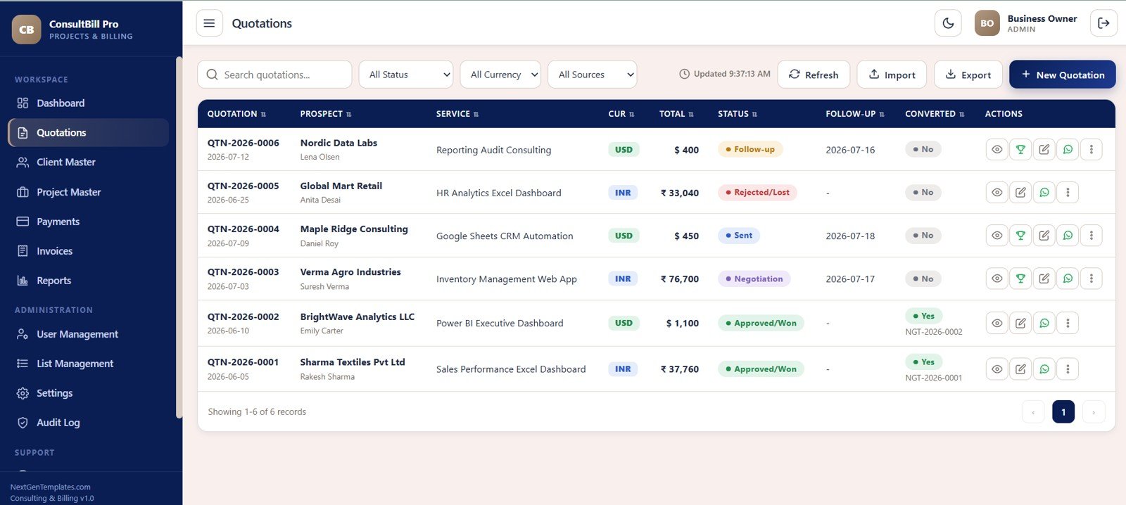 Quotations module in Consulting Project and Billing Management System Web App
