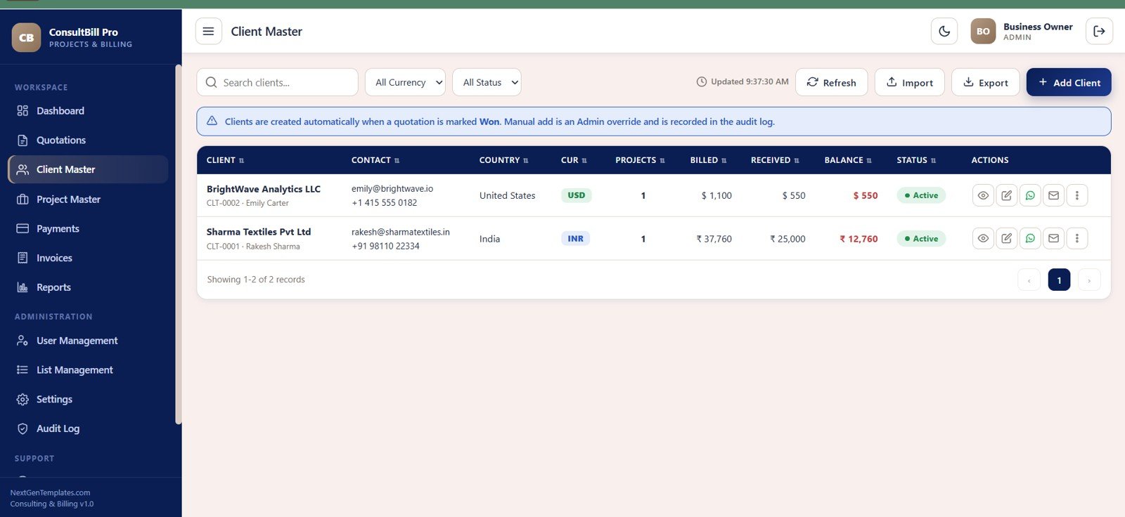 Client Master screen in Consulting Project and Billing Management System Web App