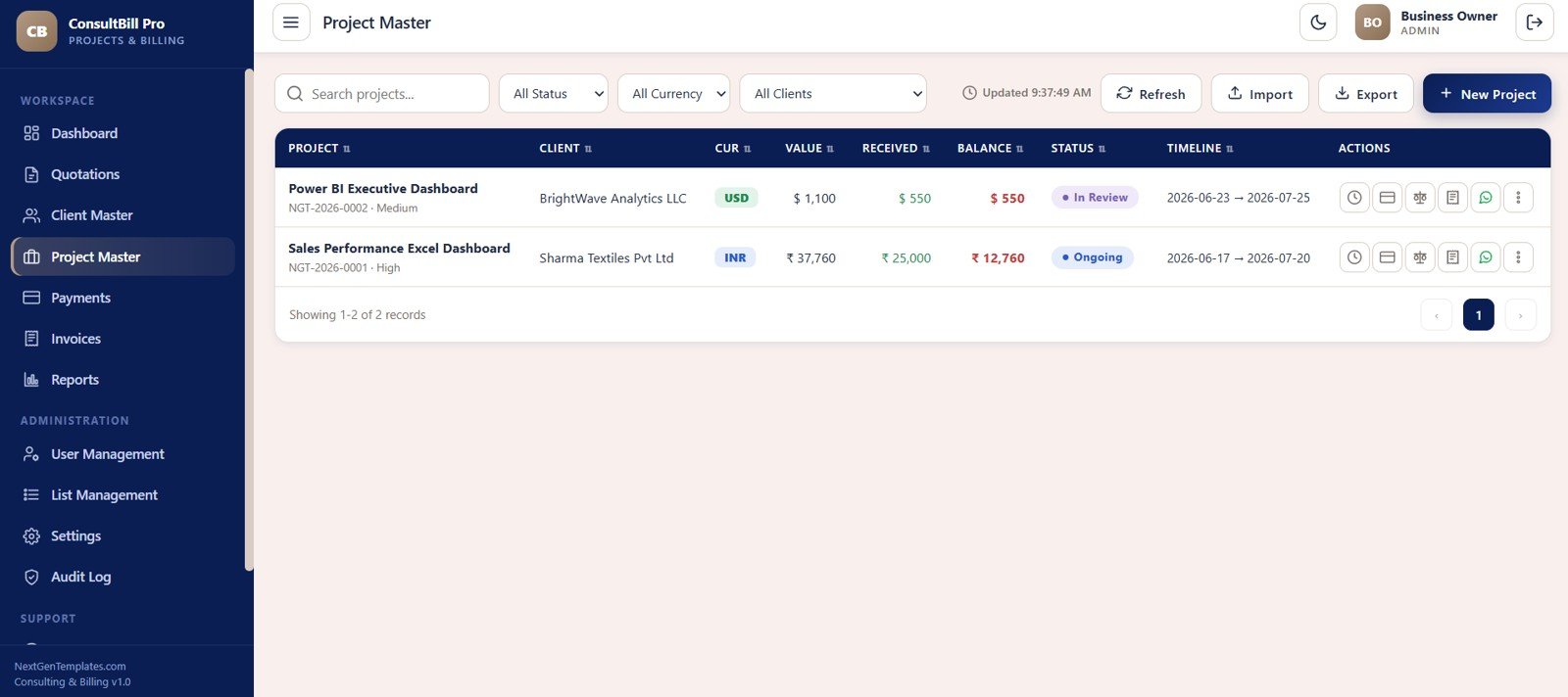 Project Master screen in Consulting Project and Billing Management System Web App