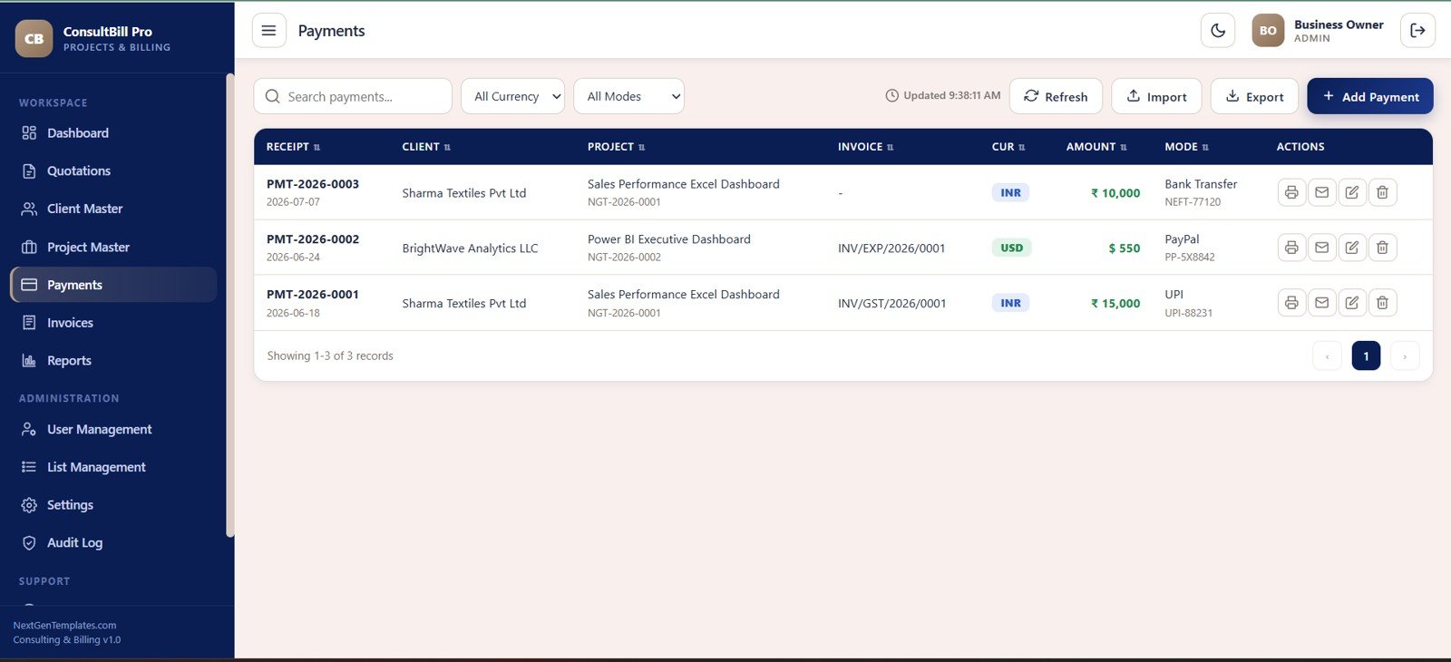 Payments screen in Consulting Project and Billing Management System Web App