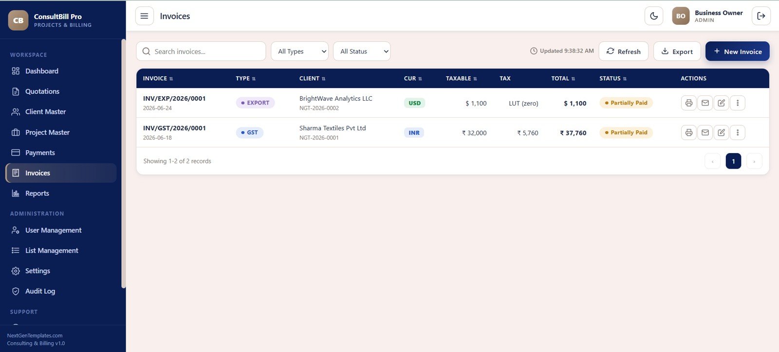 Invoices screen in Consulting Project and Billing Management System Web App
