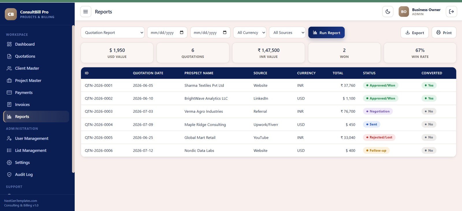 Reports screen in Consulting Project and Billing Management System Web App