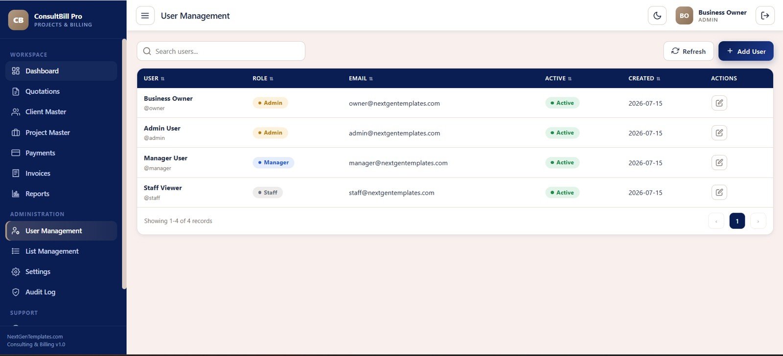 User Management screen in Consulting Project and Billing Management System Web App