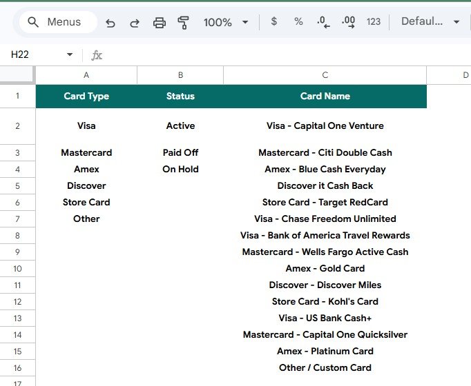 Credit Card Payoff Tracker in Google Sheets - Menus Lookup Lists