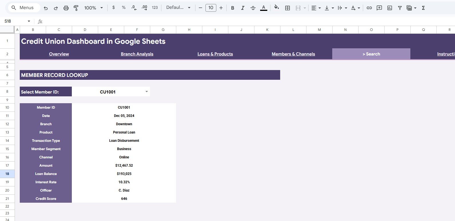 Search Sheet tab in Credit Union Dashboard in Google Sheets