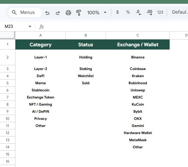 Menu Sheet in Crypto Portfolio Tracker in Google Sheets