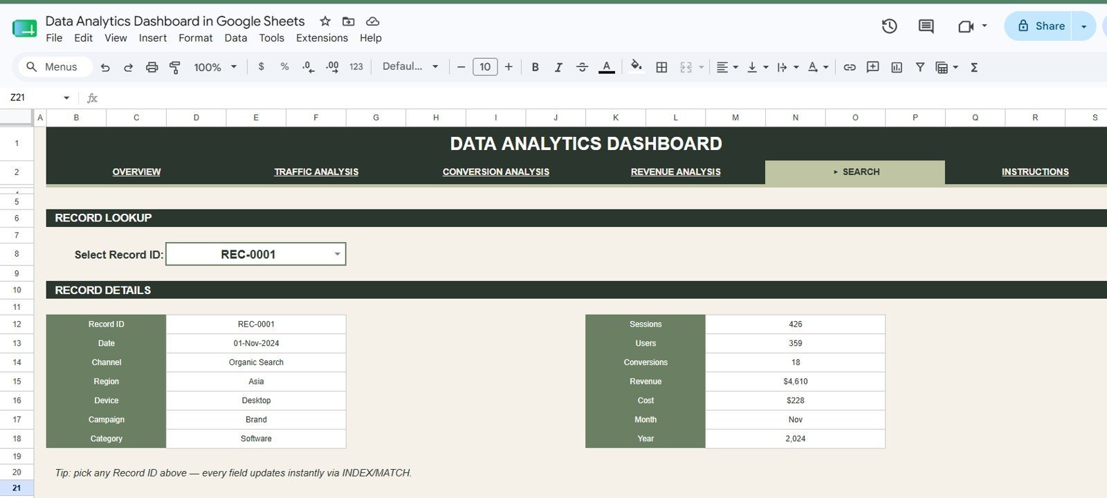 Search Sheet tab in Data Analytics Dashboard in Google Sheets