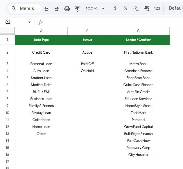 Google Sheets Debt Payoff Template - Lookup Lists