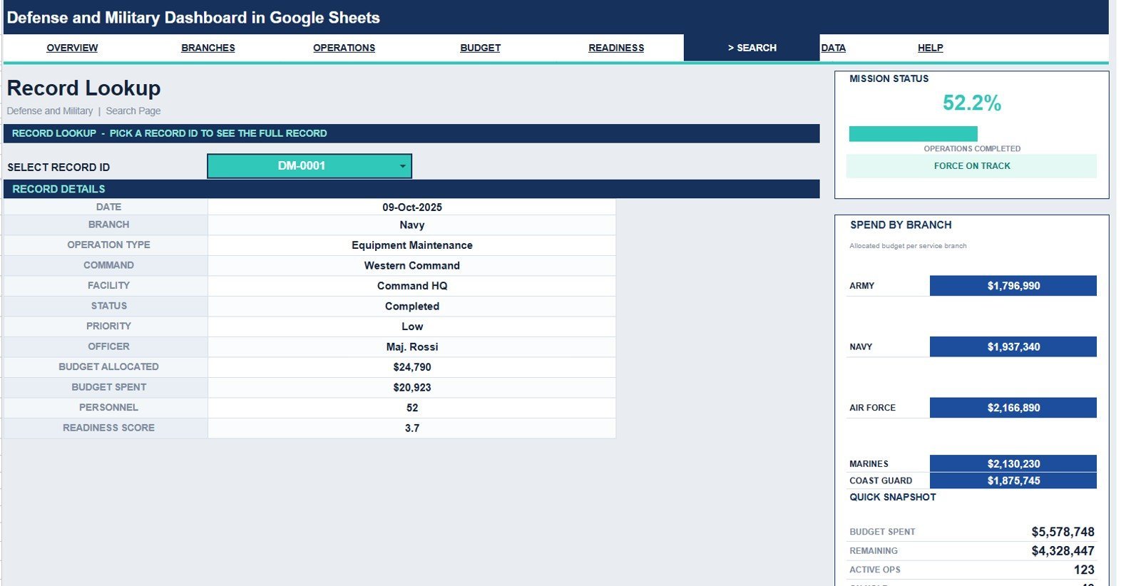 Defense and Military Dashboard in Google Sheets search sheet tab