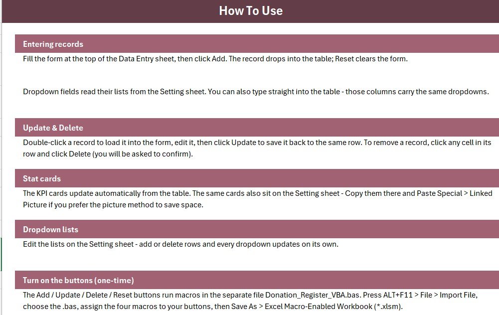 Donation Register Data Entry System in Excel - Instructions Sheet