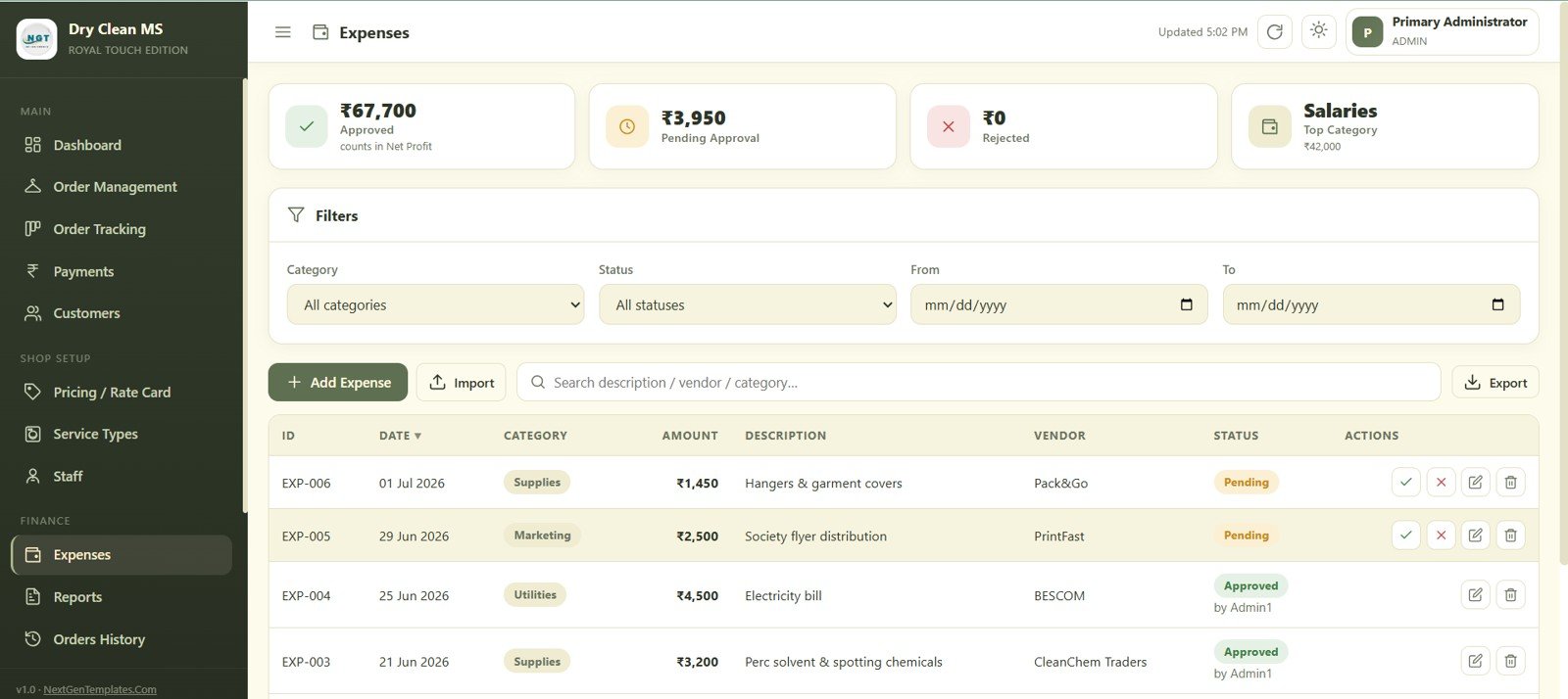 Dry Clean Service Management System Web App - Expenses