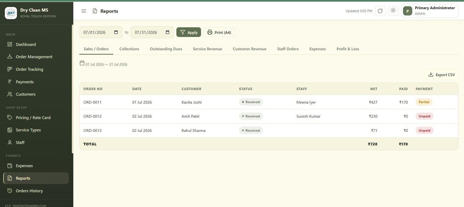 Dry Clean Service Management System Web App - Reports