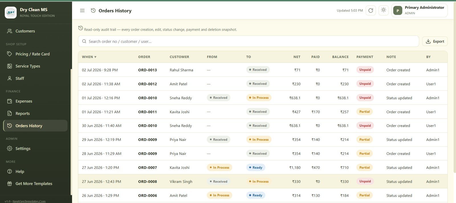 Dry Clean Service Management System Web App - Orders History