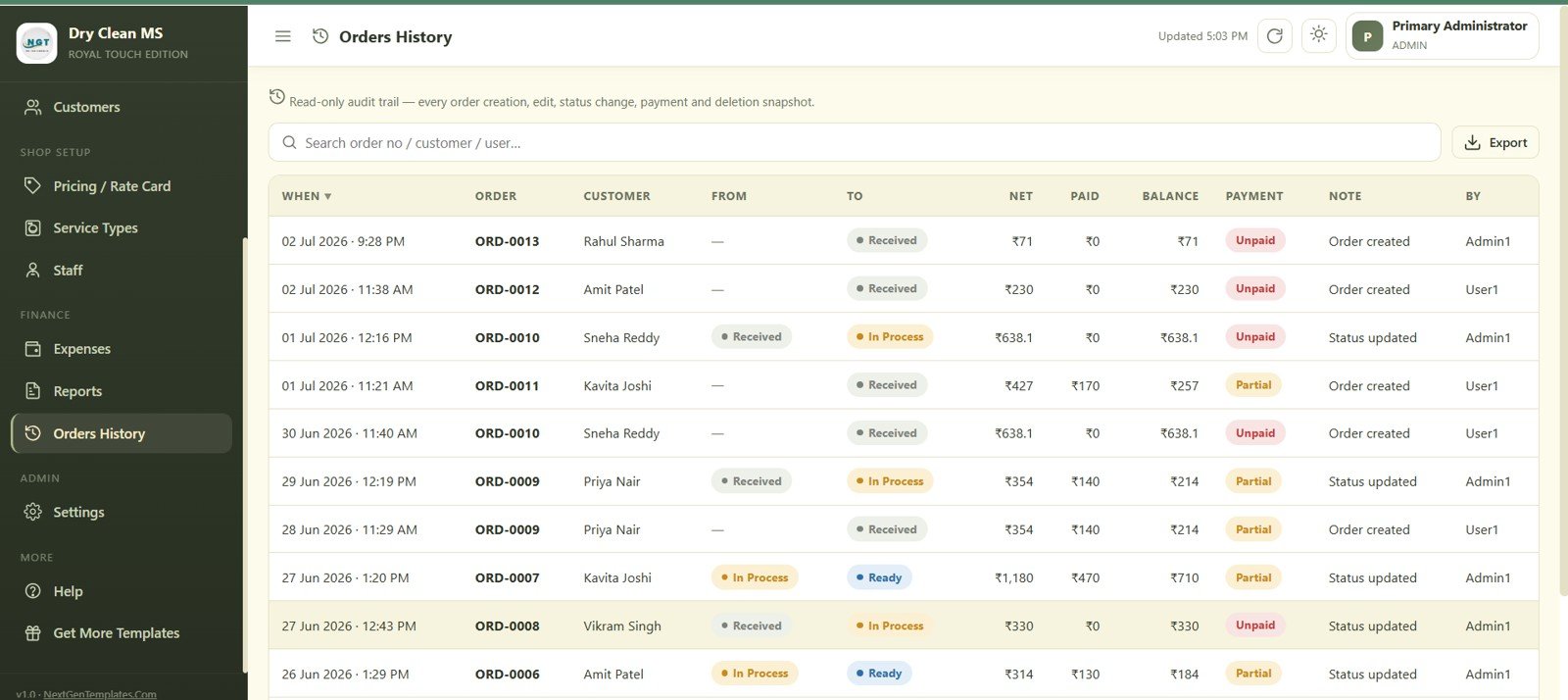 Dry Clean Service Management System Web App - Orders History