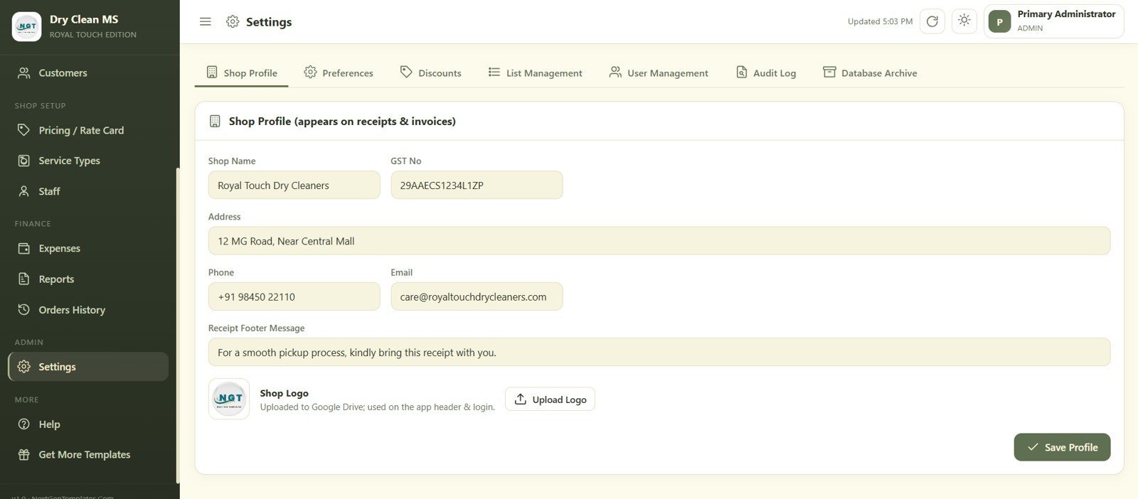 Dry Clean Service Management System Web App - Settings
