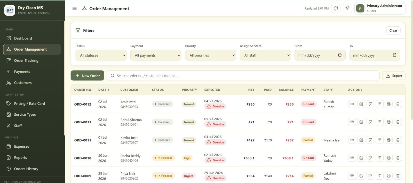 Dry Clean Service Management System Web App - Order Management
