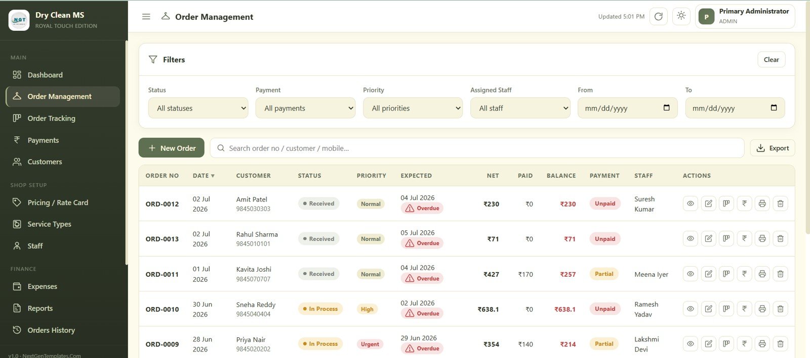 Dry Clean Service Management System Web App - Order Management