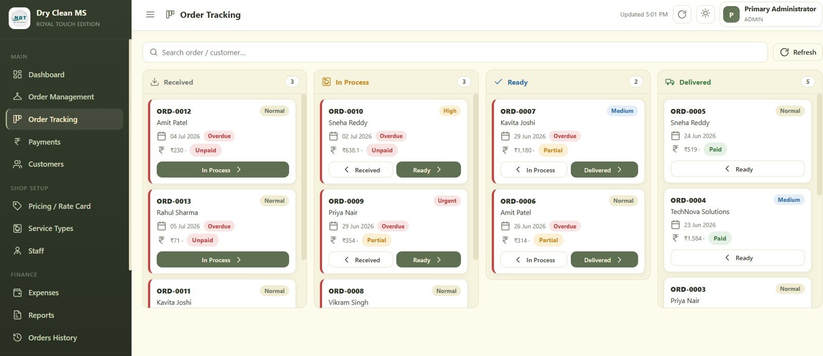 Dry Clean Service Management System Web App - Order Tracking