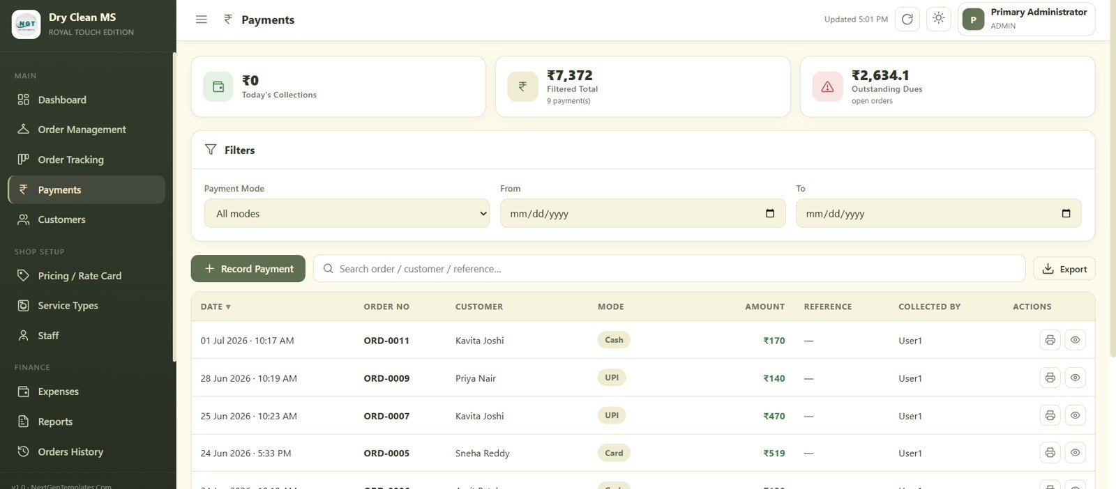 Dry Clean Service Management System Web App - Payments