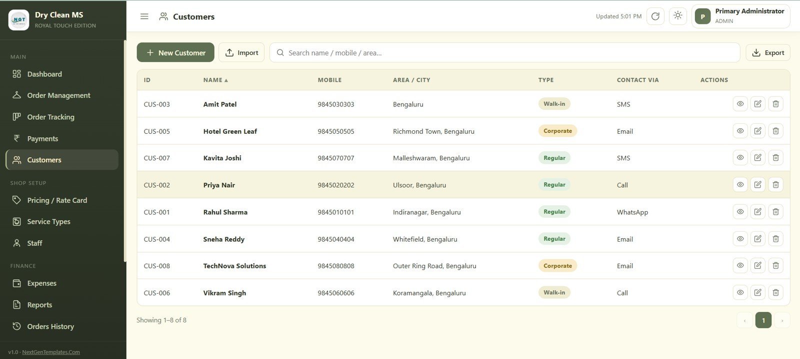 Dry Clean Service Management System Web App - Customers
