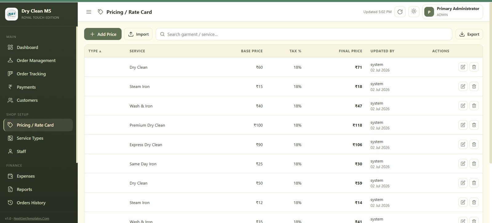 Dry Clean Service Management System Web App - Pricing Rate Card
