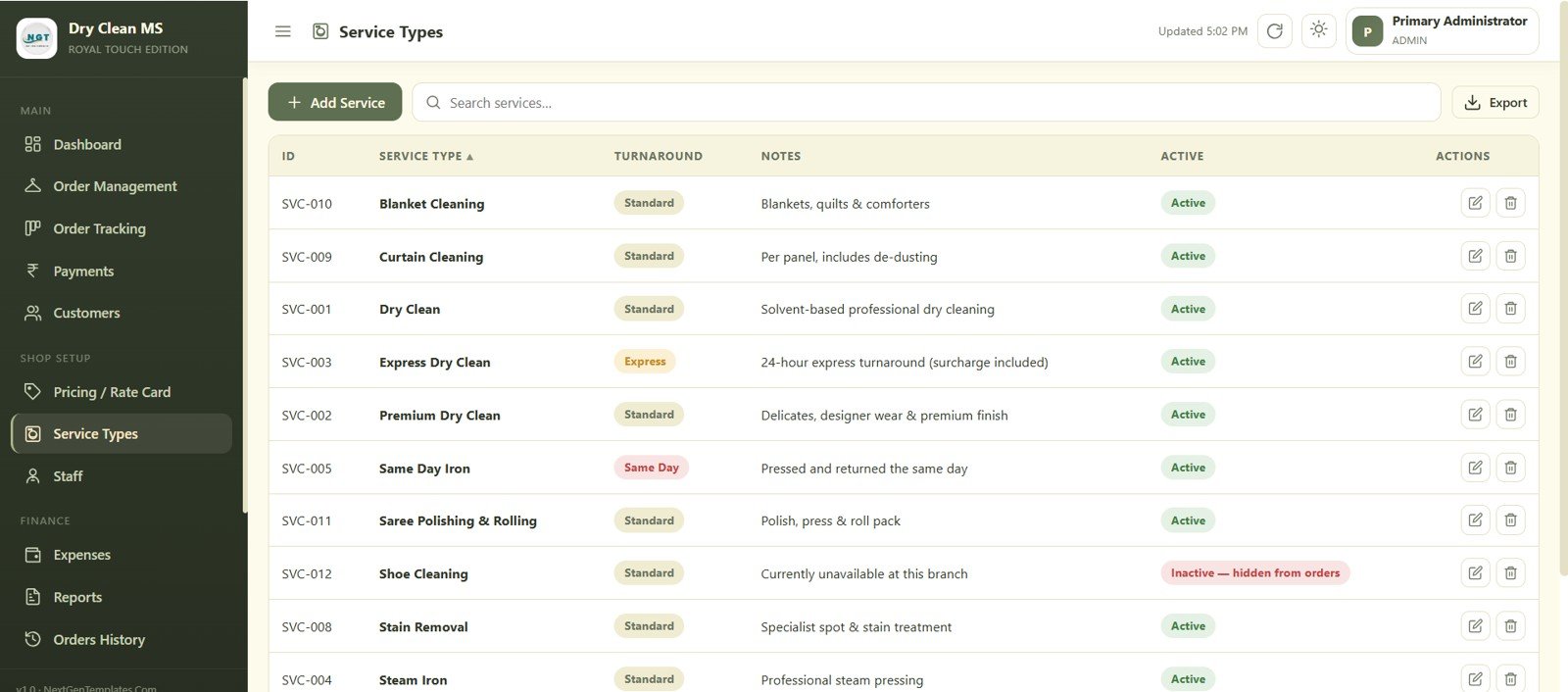 Dry Clean Service Management System Web App - Service Types