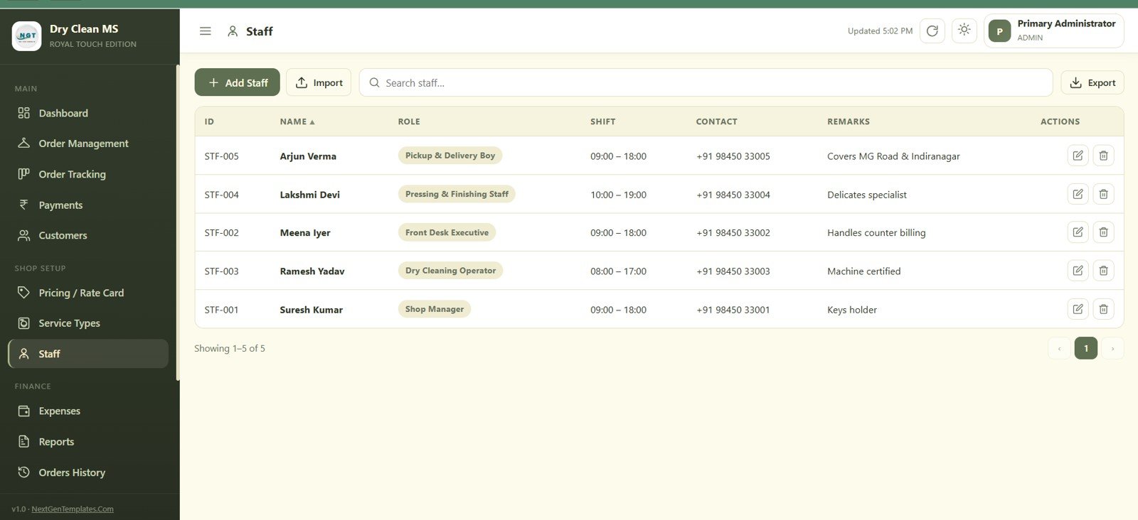 Dry Clean Service Management System Web App - Staff
