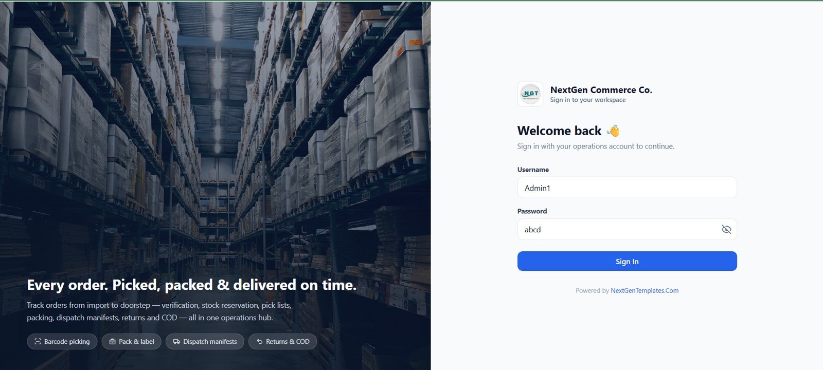 E-commerce Order Fulfillment Tracking System Web App login page