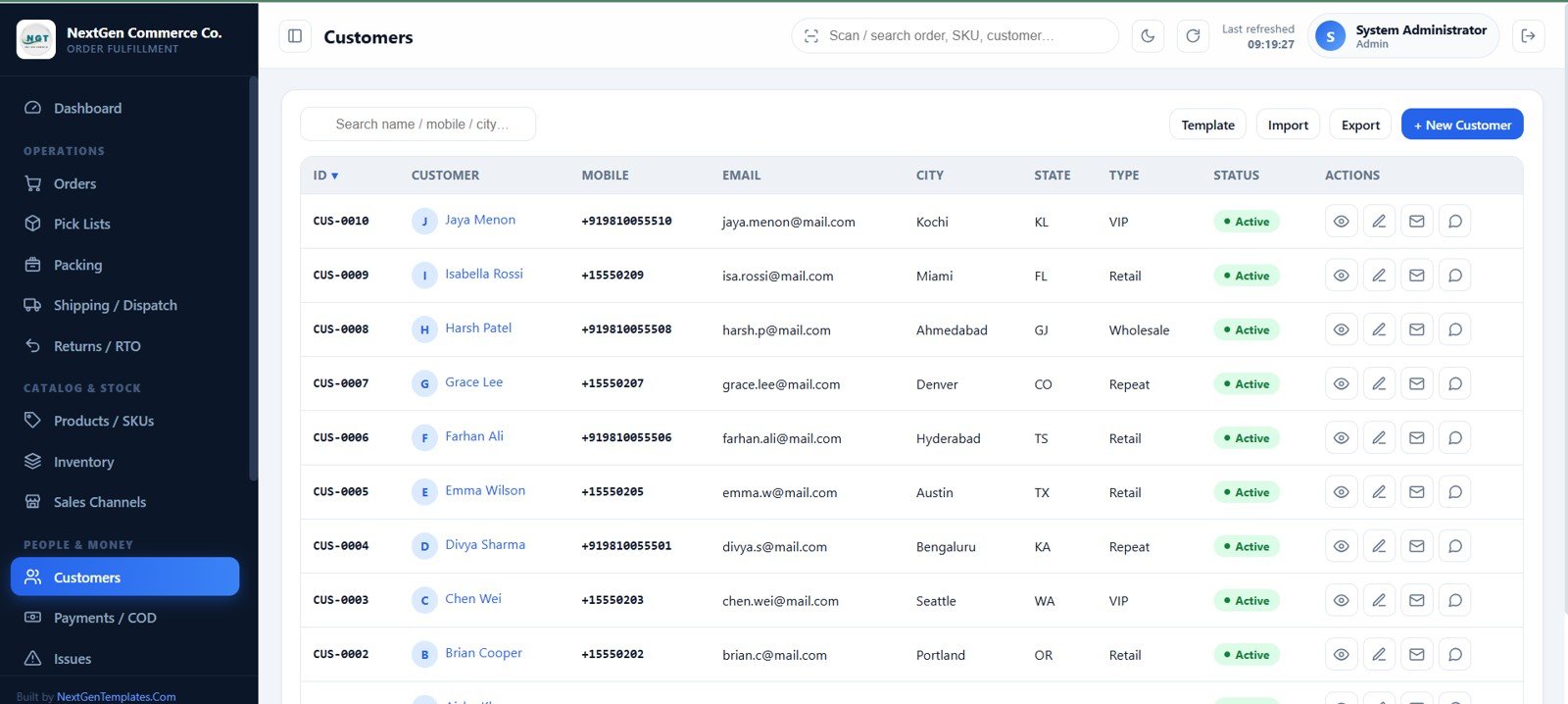 Customer directory with contact actions and customer types
