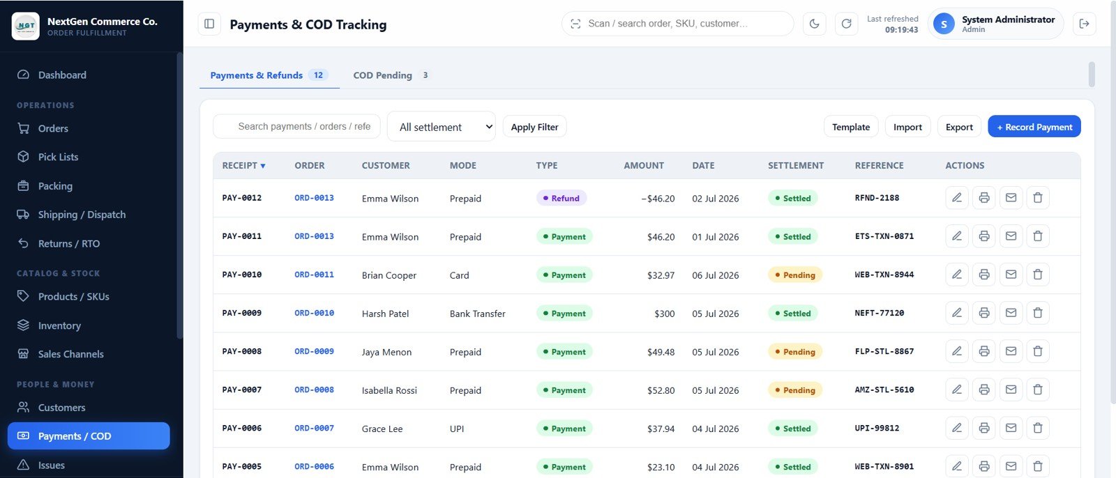 Payments refunds settlements and COD tracking