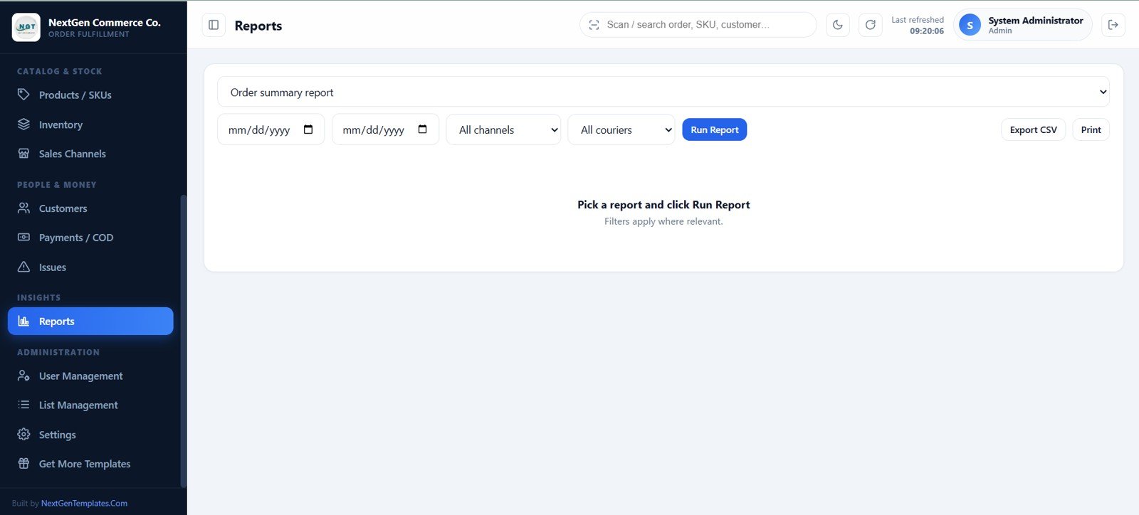 Reports page with date channel courier and export filters