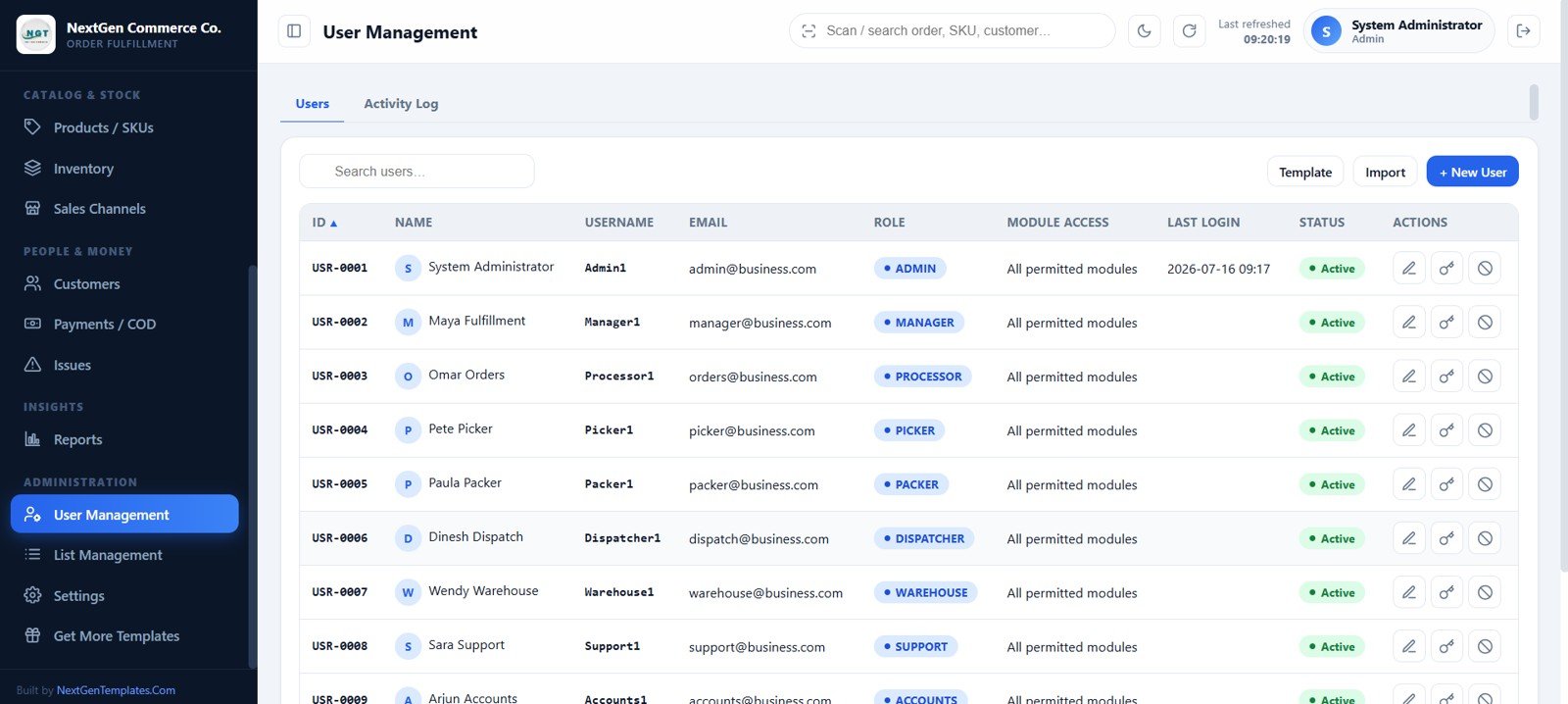 User management page with fulfillment roles and access controls