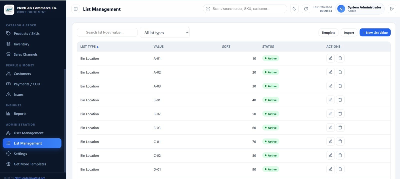 List management for bins statuses couriers and operational values