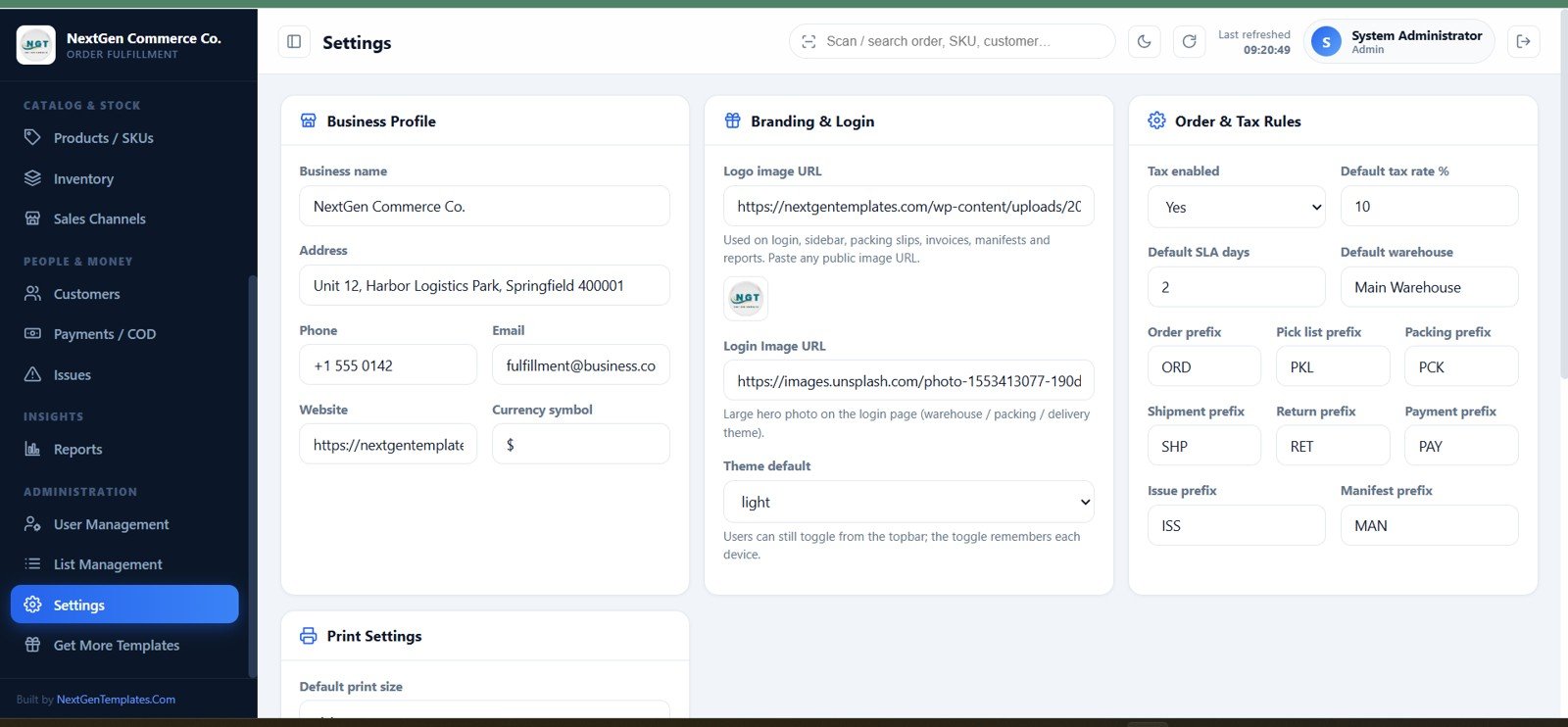 Business branding order tax print and archive settings