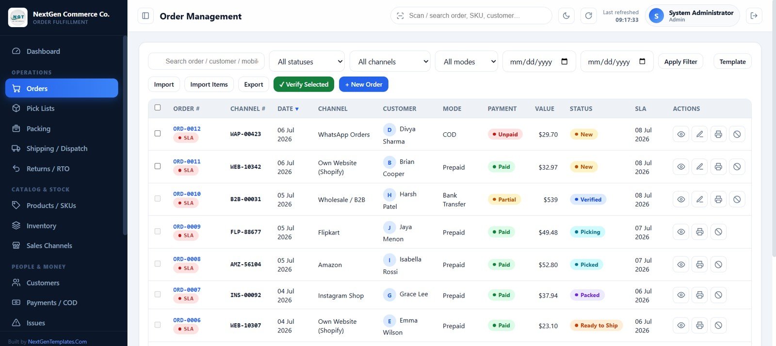 Order management page with filters verification and actions