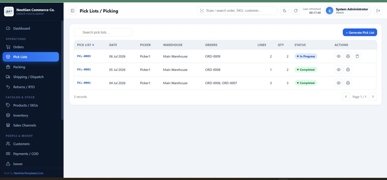 Pick lists and mobile picking workflow