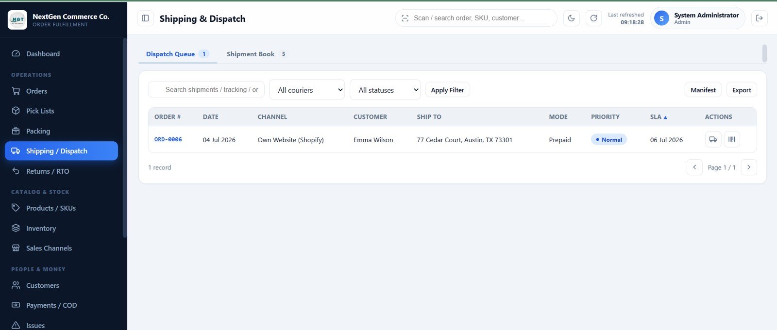 Shipping and dispatch queue with courier controls