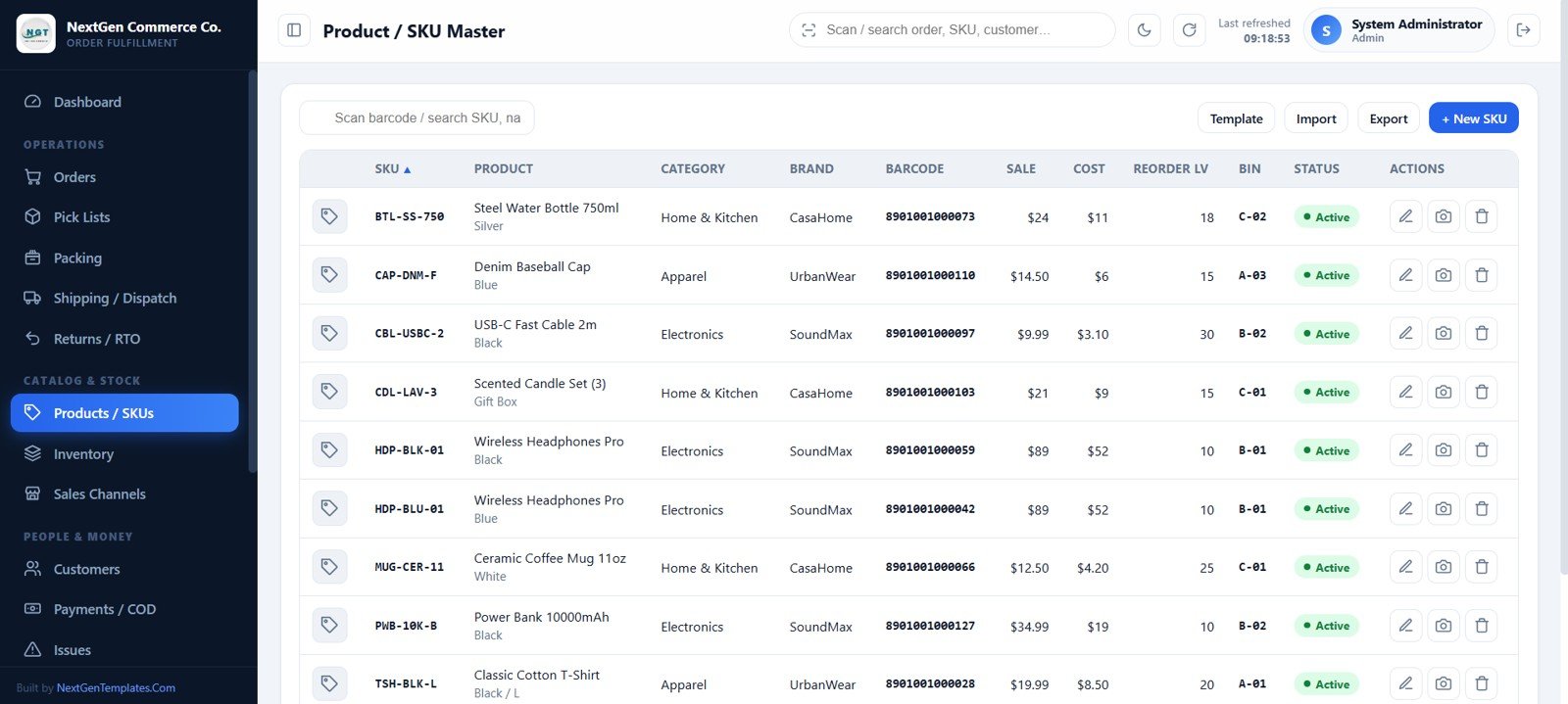 Product SKU master with barcode pricing and bin fields