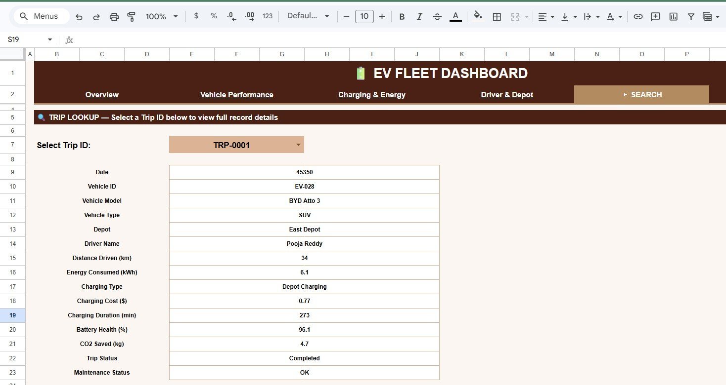 Search Sheet tab in EV Fleet Dashboard in Google Sheets