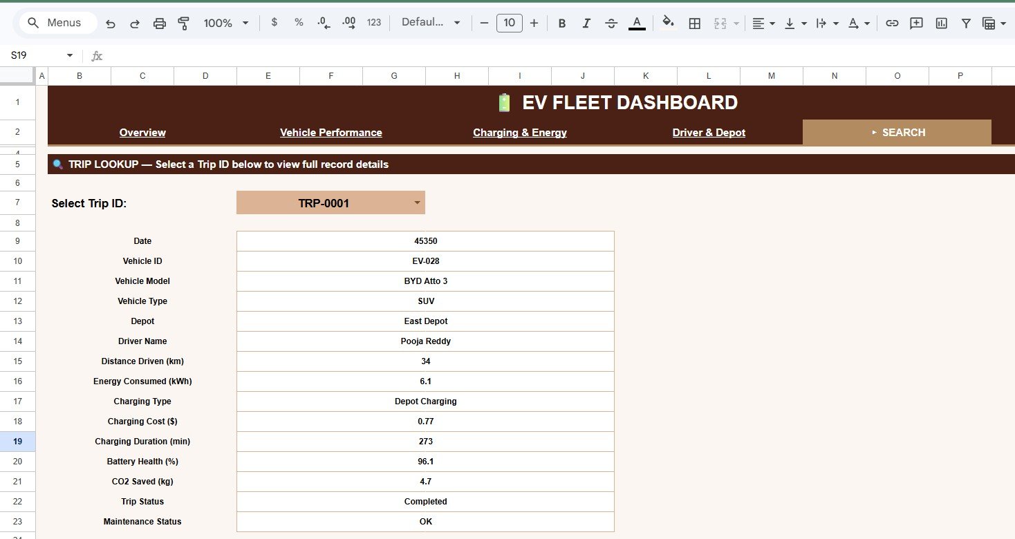 Search Sheet tab in EV Fleet Dashboard in Google Sheets