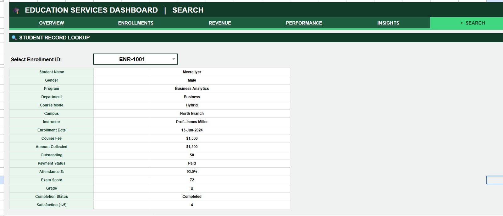 Education Services Dashboard in Google Sheets - Search sheet tab
