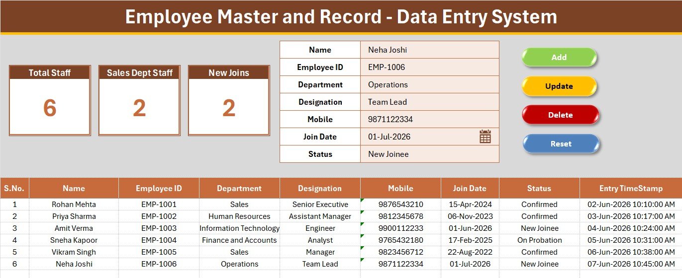 Employee Master and Record Data Entry System in Excel