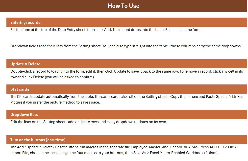 Employee Master and Record Data Entry System in Excel - Setting and Instructions Sheets