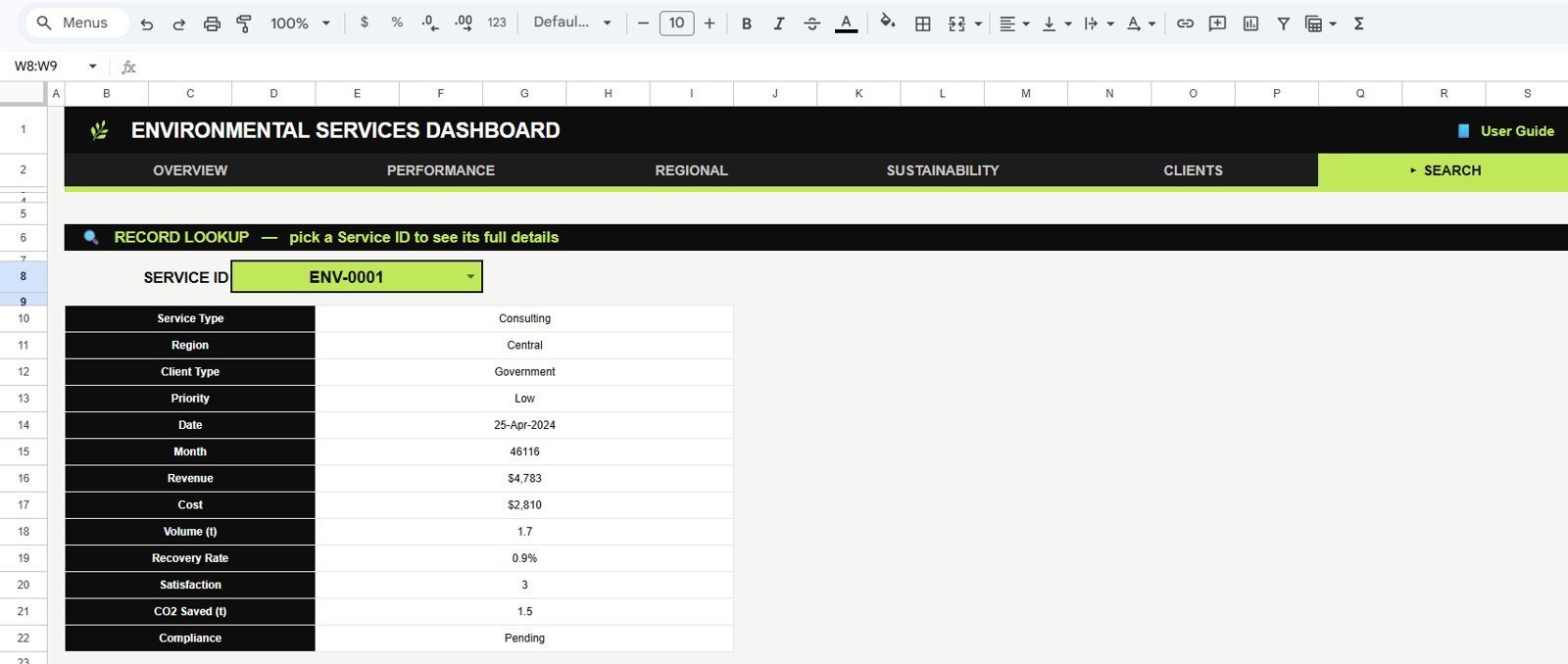 Search Sheet tab in Environmental Services Dashboard in Google Sheets
