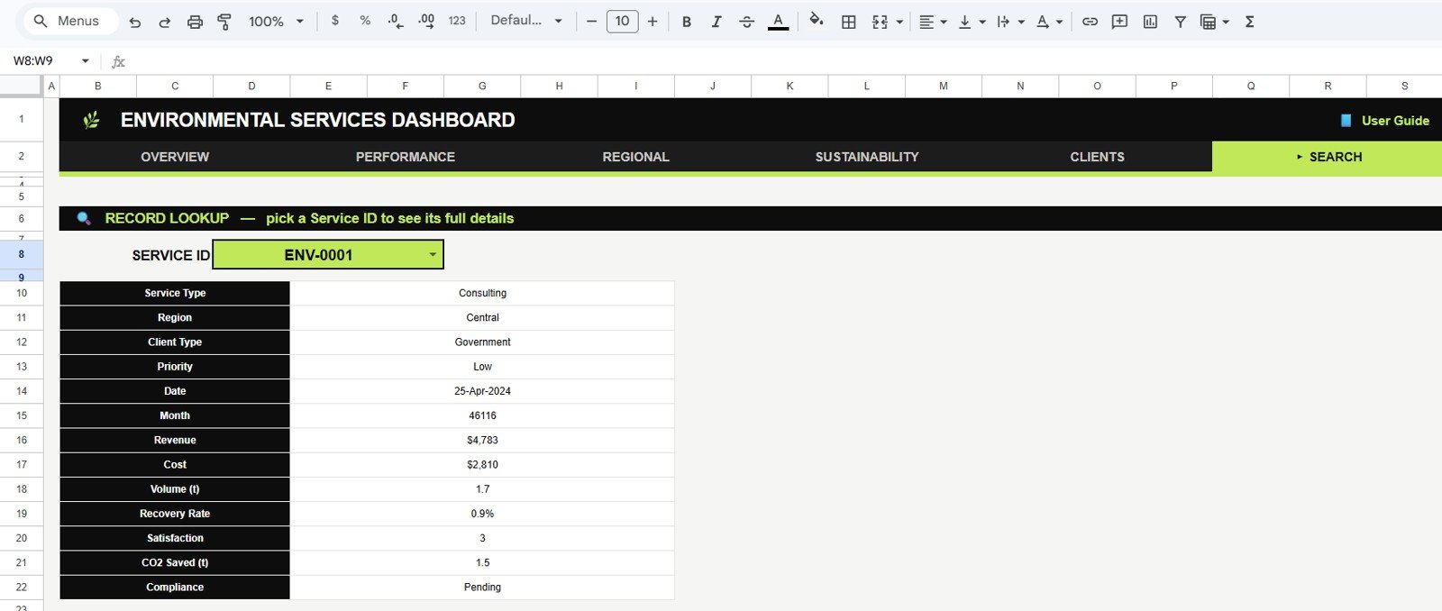 Search Sheet tab in Environmental Services Dashboard in Google Sheets
