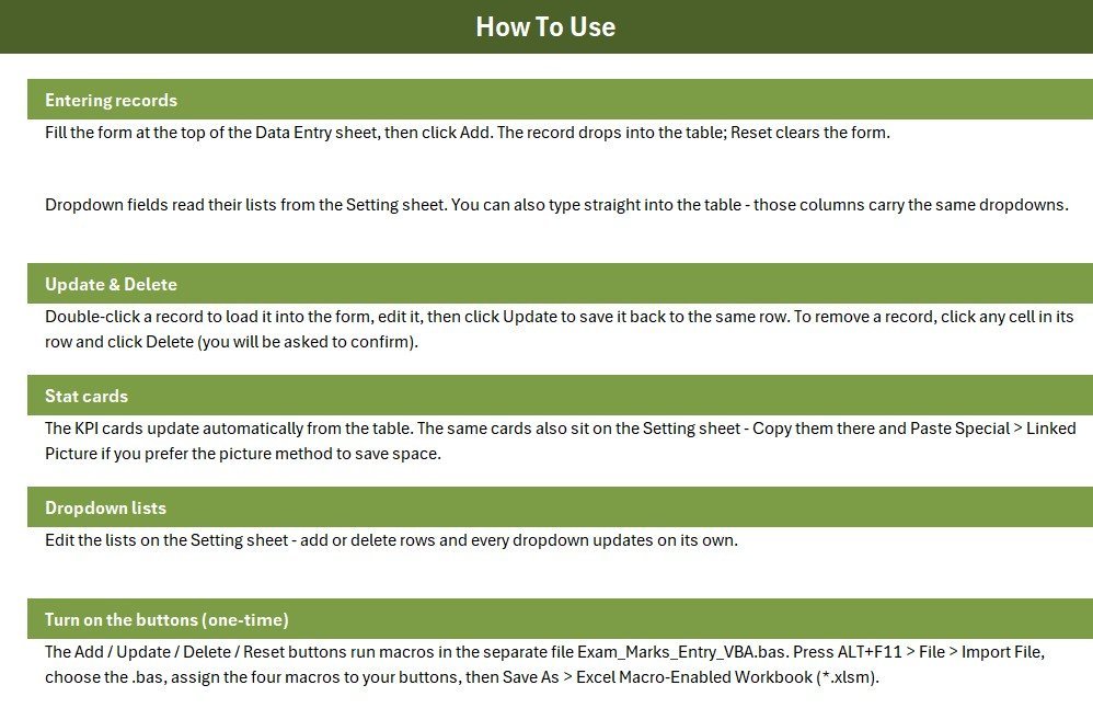 Exam Marks Entry Data Entry System in Excel - Setting sheet and records table