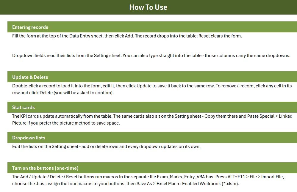 Exam Marks Entry Data Entry System in Excel - Setting sheet and records table