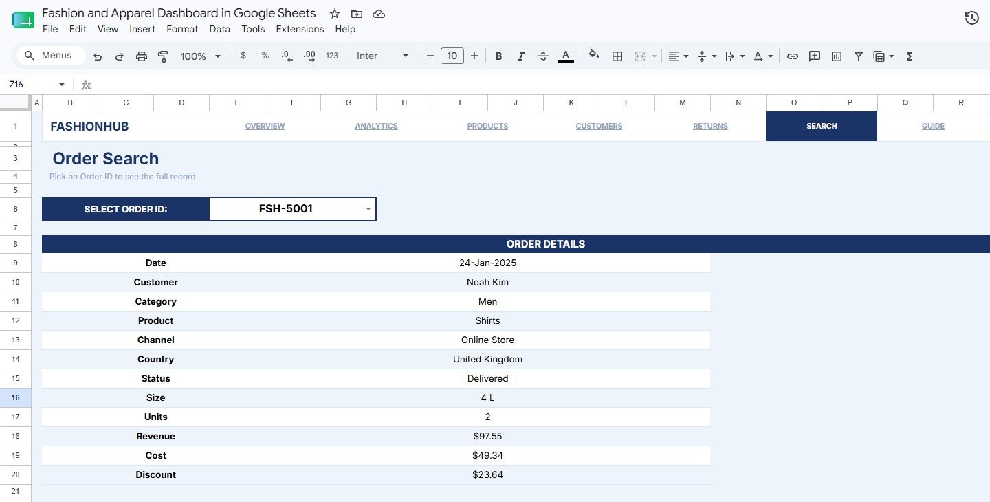 Order Search Sheet tab in Fashion and Apparel Dashboard in Google Sheets