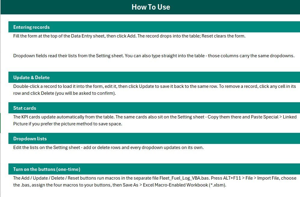Fleet Fuel Log Data Entry System in Excel Instructions sheet