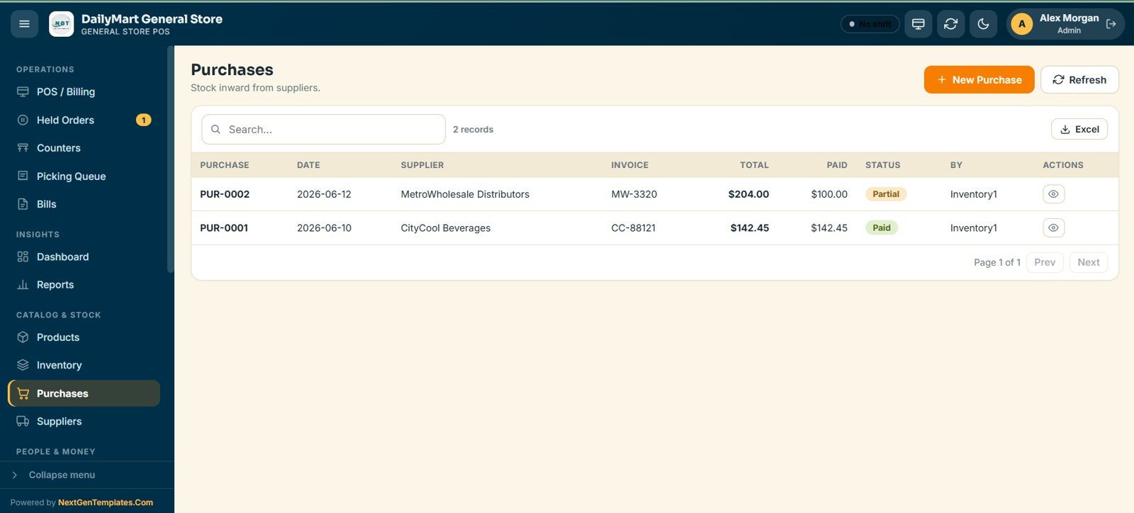 General Store POS Web App - Purchases